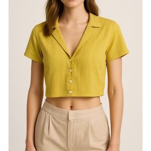 Madewell Crinkle Button-Front Collared Top in Chartreuse Yellow – Size S